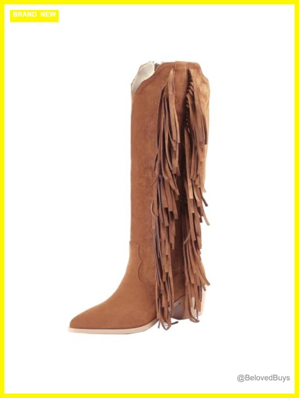 Fringe Suede Knee High Cowboy Boots Pointed Toe Block Heel